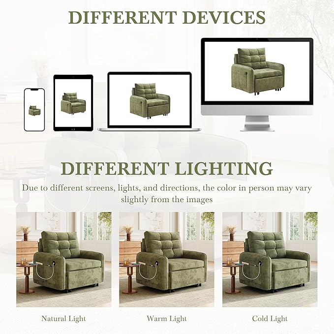 SLEERWAY 3-in-1 Convertible Sleeper Chair Bed Pull Out Sofa Bed with USB Charging Modern Single Lounge Chair with Side Storage Pocket &amp Pillow Multi-Functional Futon Couch for Living Room Gree