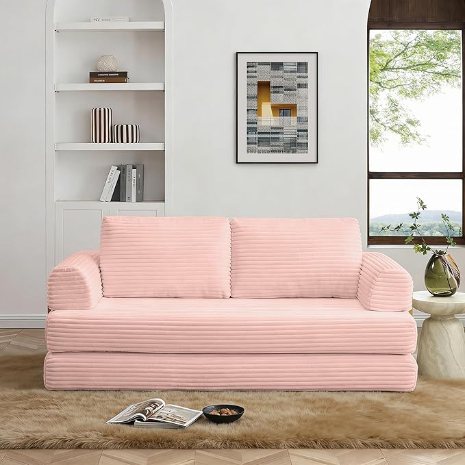 Convertible Sleeper Sofa Bed 79.5 Folding Floor Sofa Mattress Couch with Pillows Corduroy Futon Boneless Couch Lounge Loveseat with Pull Out Bed Pink