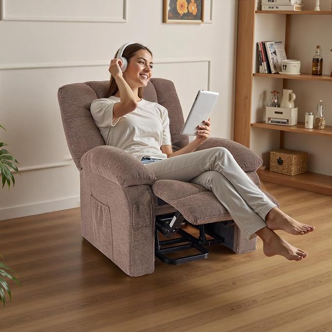 Power Lift Recliner Chair for Adult with Heated and Full Body Massage Glider Nursery Chair with Cup Holder and USB Charge Port Oversided Swivel Rocker Recliner for Living/Study/Bedroom Room Brown