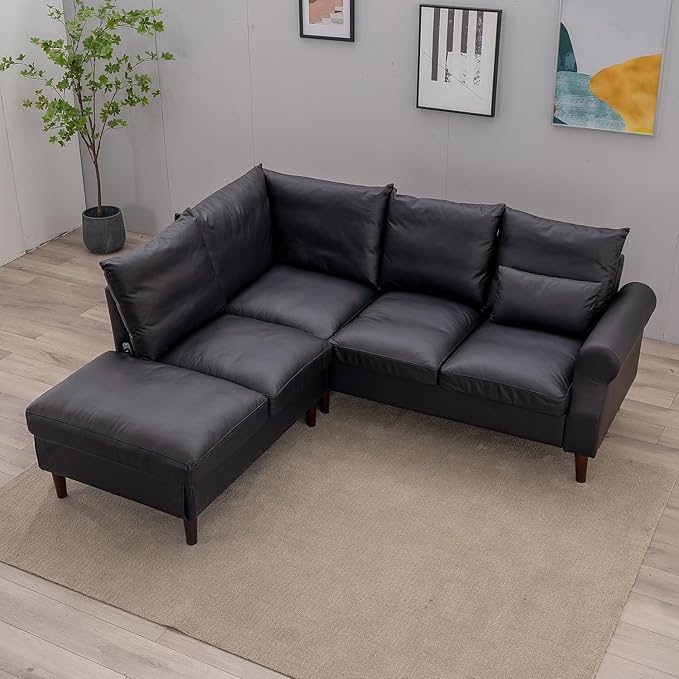 Panana 5 Seats Sectional Sofa Leathaire Fabric with Built-in USB Charging Port Chaise Right Corner L Shaped Couch (Black Leathaire 5 Seater Right Corner with Chaise)