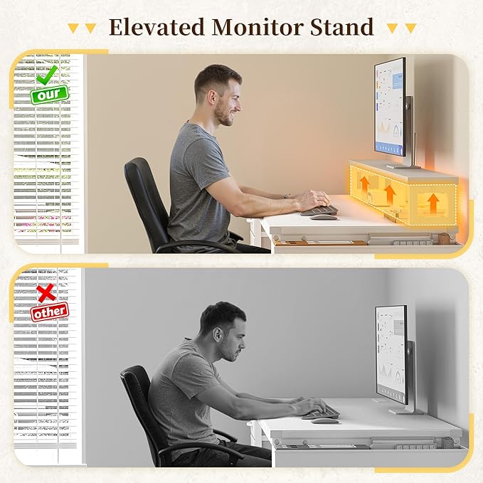 55 Gaming Desk with LED Strip Computer Desk with Drawers &amp Storage Bag Office Desks with Power Outlets &amp Monitor Stand Office Desk for Bedroom Gaming Room White