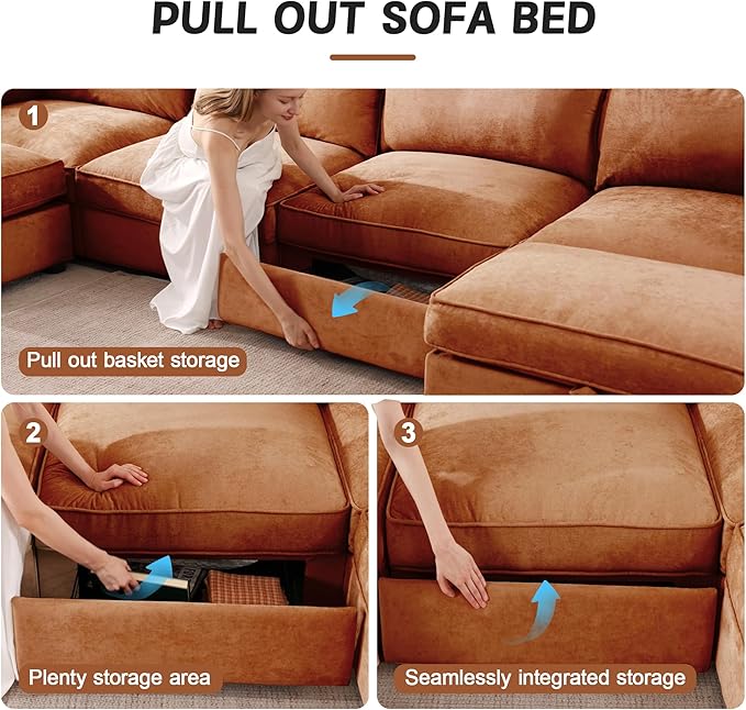 Aoowow Modular Sectional Sofa with Pullout Storage Seat 146.4” Chenille Comfy 4-Seat Sofa Couch Upholstered Deep Seat Couches with Armrests for Living Room Apartment OfficeOrange