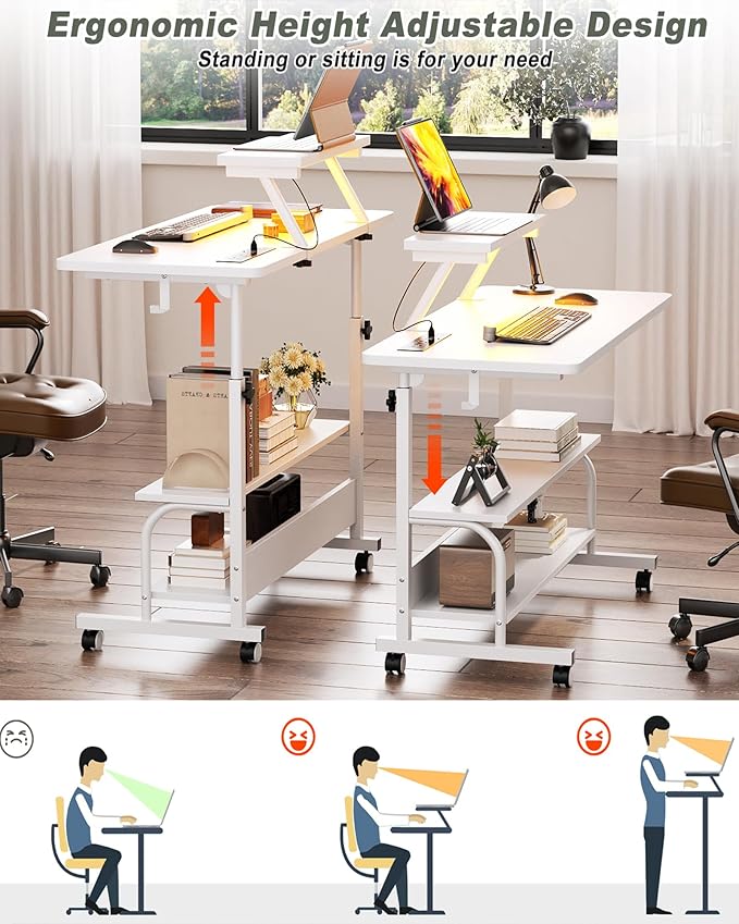 Height Adjustable Standing Desk with Power Outlets and LED Lights - 32 Manual Stand Up Desk with Monitor Stand and Storage Shelves Small Mobile Rolling Computer Desk Portable Laptop Table White