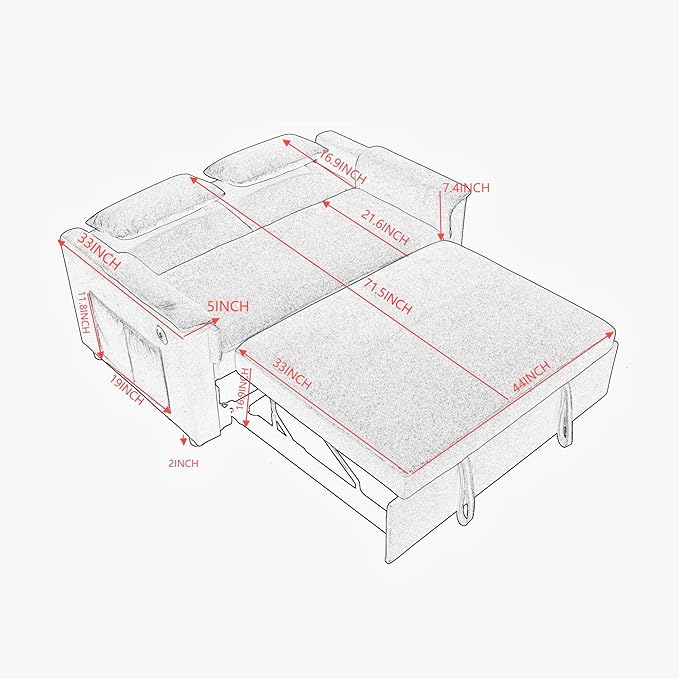 Sofa Bed Pull Out Couch with Side Pockets 3 in 1 Velvet Loveseat Sleeper Sofas Beds with USB Ports Sofa Bed Couch with Adjustable Backrest for Living Room Bedroom Apartment Blue Black
