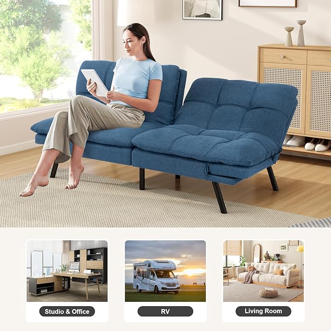 Opoiar Futon Sofa Bed Convertible Memory Foam Foldable Couch Modern Sleeper Loveseat with Adjustable Armrests&ampBackrests for Small Spaces Office Studio Apartment Dorm Game Room