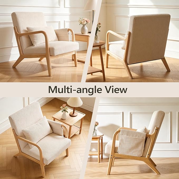 Accent Chair Mid Century Modern Chair with Side Storage Pocket Upholstered Living Room Chairs Armchair Lumbar Cushion &amp Solid Wood Frame for Bedroom Easy Assembly Beige