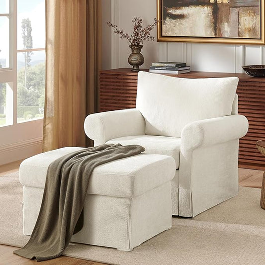 Modern Accent Chairs with Ottoman Set Comfy Chenille Reading Armchair with Rolled Arms and Cushion Backrest 35.8 W Single Living Room Chairs for Bedroom Study Apartment Beige