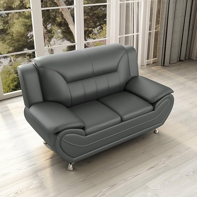 Michael Modern Faux Leather Upholstered Stainless Steel Legs Living Room Loveseat Gray