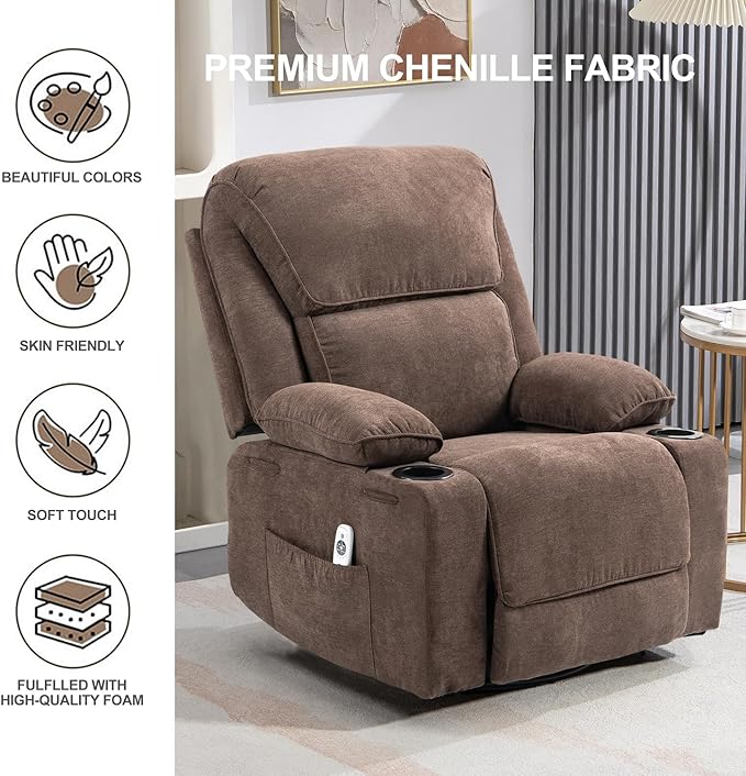 Rocker Recliner Chair with Massage and Heated 360°Swivel Rocking Manual Recliner Chairs with Cup Holders Remote Control for Living Room (Brown)