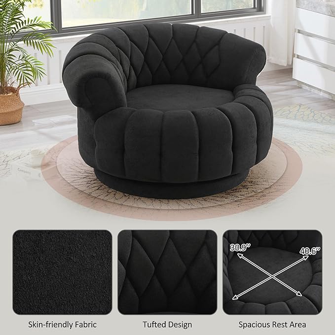 360 Swivel Accent Chair Oversized Round Barrel Club Chair with Diamond-Quilted Back Luxurious Chenille Fabric for Living Room and Bedroom