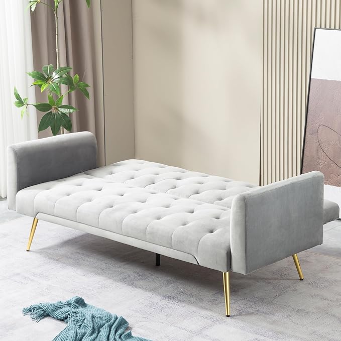 Anwick Modern Velvet Sofa Bed Futon with 2 Pillows2-in 1 Convertible Sleeper Couch BedFolding Recliner Loveseat with Golden Metal Legs for Living Room Apartment Office (Grey)