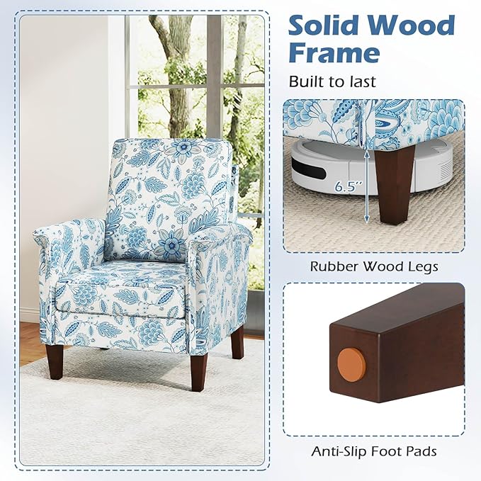 GOFLAME Floral Accent Chairs Set of 2 Comfy Upholstered Armchairs with Rubber Wood Legs and Thick Padded Cushion High Back Single Sofa Chairs Reading Side Chairs for Living Room Bedroom Blue