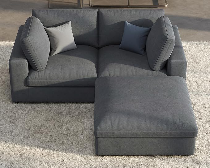PaPaJet Modular Sectional Couch 76 Inches Oversized Down Filling Sofa 3 Seater L Shaped Cloud Couch with Chaise Ottoman Comfy Couch for Living Room Apartment Grey Linen Sofa Set