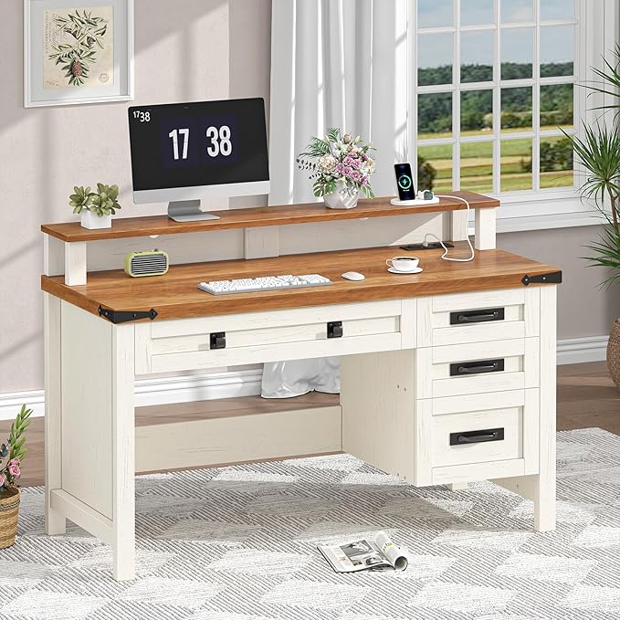 Farmhouse Executive Desk with Drawers 47 Computer Desk with Power Outlets Home Office Desk with Monitor Stand &amp 4 Drawers Small Desk Writing Study Table Antique White