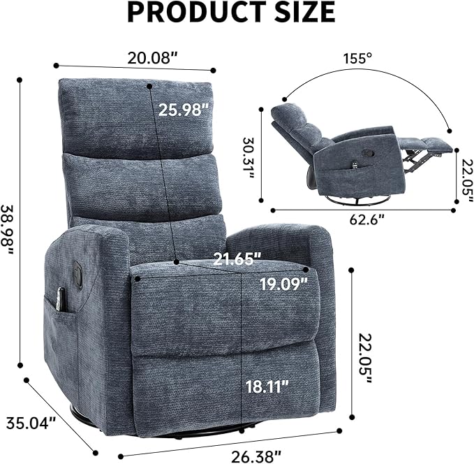 Massage Chair Recliner with Heat Swivel Rocking Chair Recliner with High Back Manual Lazy Boy Recliners for AdultsSmall Recliner Chair for Small Spaces Living Room Bedroom Fabric (Blue2)