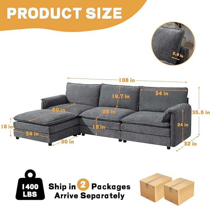 108 Cloud Sectional Couches for Living Room Convertible L Shaped Modular Sectional Sofa with Movable Ottoman 3-Seat Chenille Cloud Couch with Deep Seat for Bedroom Apartment Dark Gray