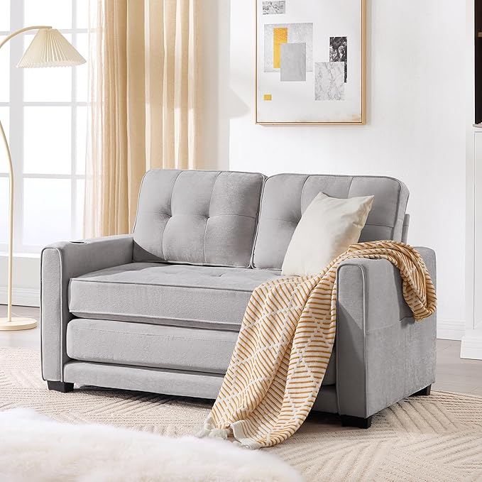 Convertible Sofa Bed Pull Out Loveseat Sleeper CouchLinen Fabric 2 in 1 Folding Couch Bed Fold Out Floor Futon Couches with Cup Holder for Living Room BedroomSmall Space Light Grey