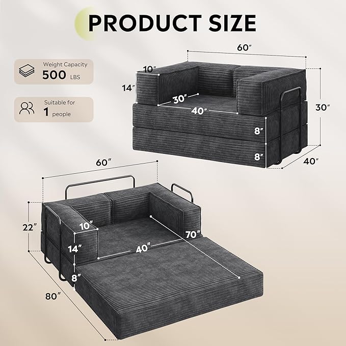 WLIVE 60'' Futon Sofa Bed Convertible Sleeper Sofa Folding Pull Out Couch Boneless Mattress with Fixed Frame Corduroy with Storage Pocket Grey
