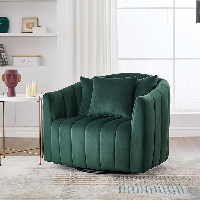 360° Swivel Barrel Chair with Curved Backrest 40 W Velvet Armchair with 3 Soft Pillows Accent Lounge Chair with Channel Tufted Design for Living Room Bedroom Studio Green