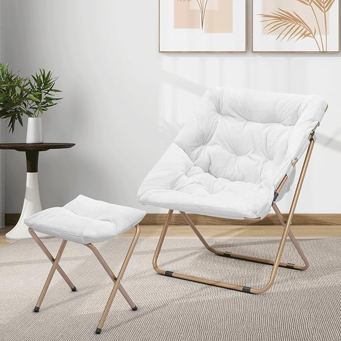 Cozy Saucer Chair Living Room Chair Faux Fur Soft Thick Padded Folding Chair Comfortable Square Moon Chair for Living Room Bedroom Reading Nook Modern Style 2 Pack White