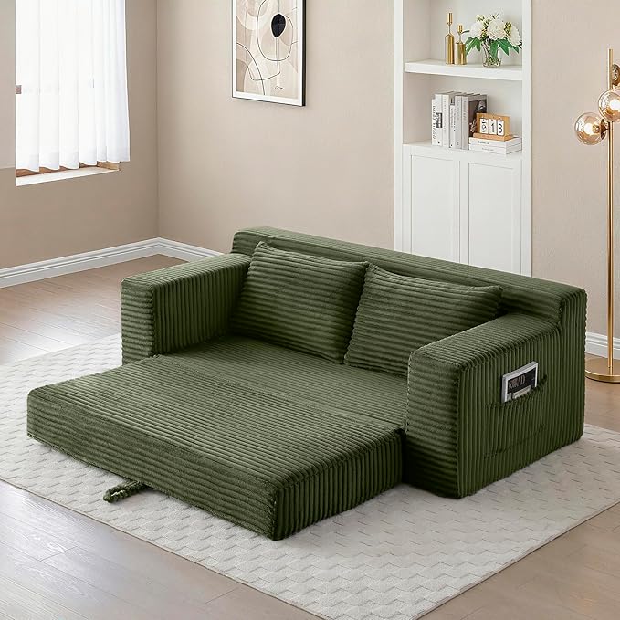 73 Memory Foam Cloud Loveseat Sofa 2 in 1 Convertible Folding Couch Bed Compressed Corduroy Floor Lounge Sofa No Assembly for Apartment Office Bedroom Living Room (Green)