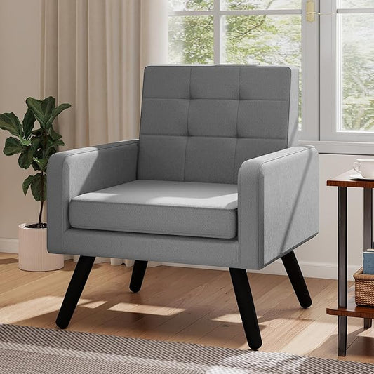 Kromax Mid-Century Modern Accent Chair for Living Room 496 Lb. Weight Capacity Dual Armrests Comfy Extra Large Seat Timeless Style Perfect for Reading &amp Relaxing Light Grey