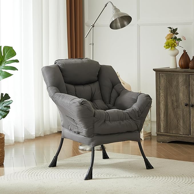 HollyHOME Lazy Chair with Armrest and Side Pocket Comfy Accent Lounge ChairLeisure Sofa Armchair for Living Room Bedroom Dorm or Small Spaces Oversized Reading Sofa ChairDark Grey