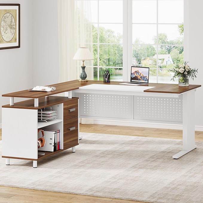 Tribesigns 63 Inch Executive Desk with File Cabinet L Shaped Office Desk with Drawers and Storage Shelves Business Furniture Set Workstation for Home Office White and Walnut