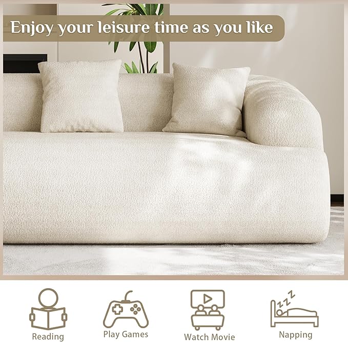 Oversized Sectional Sofa for Living Room Modern Luxury Plush Chenille 3-Seater Extra Deep &amp Wide Seat Curved Cloud Couch with 3 Throw Pillows No Assembly Needed Cream White （91 inch）