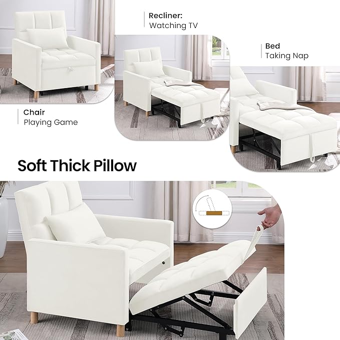 70'' Convertible Chair Bed Extra Long Teddy Fabric Single Pull Out Sofa Bed 4 in 1 Adult Sleeping Chair Recliner Chair with Pillow Adjustable Backrest Beige