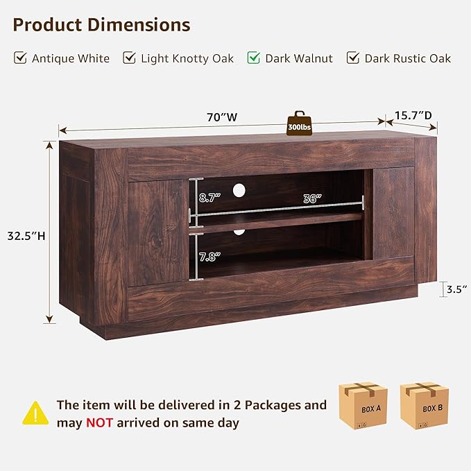 OKD Modern 70 TV Stand Entertainment Center for TVs Up to 80 Media Console with Large Open Storage &amp Side Cabinets Thick Wood Design for Living Room Dark Walnut