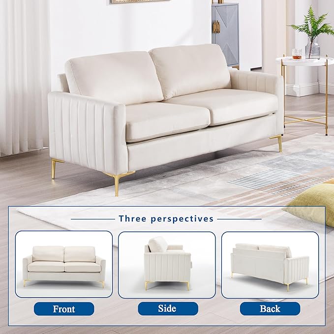 Small Couch for Bedroom 65 Mid Century Modern Loveseat Sofa Love Seat Living Room Comfy Channel Tufted Velvet Upholstered 2 Seater Sectional Couches for Small Space Office Apartment (Beige)