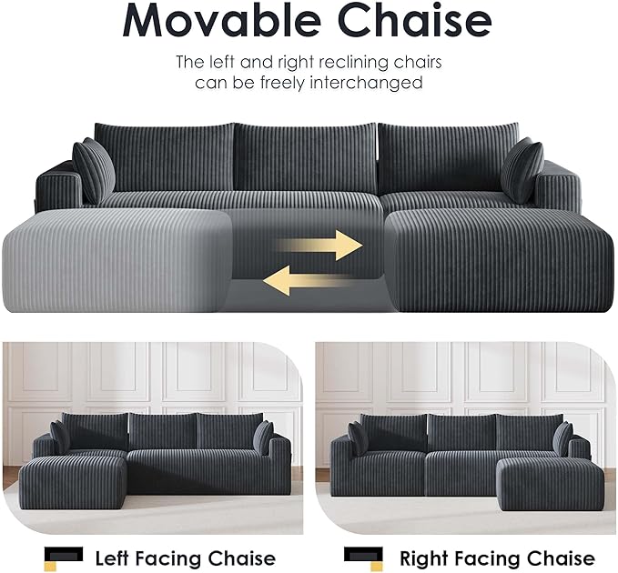 108 Boneless Couch Modular Sectional Couches for Living Room L Shaped Deep Seat Chaise with Side Pockets No Assembly Required Plush Corduroy Fabric Sleeper Sofa for Apartments Dark Grey