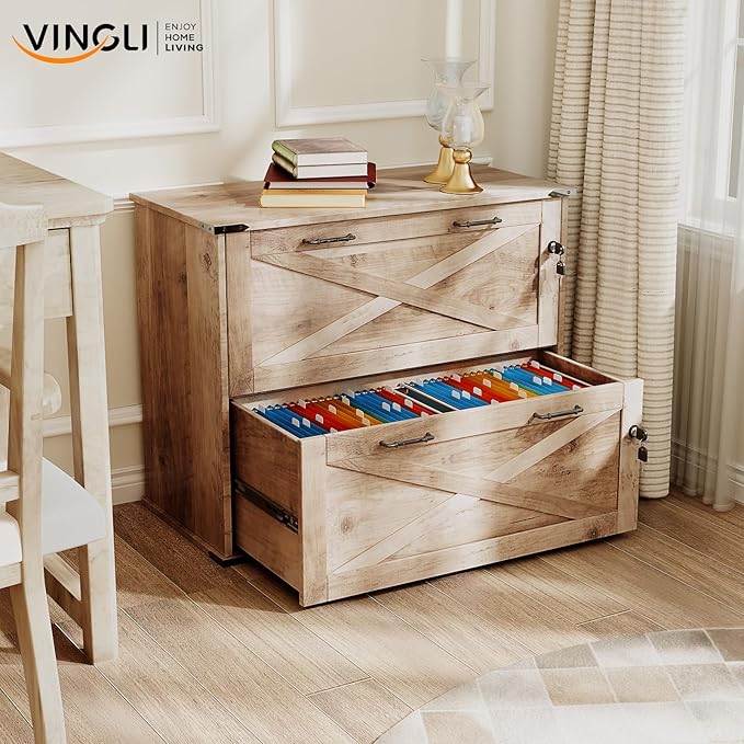 VINGLI 2 Drawer File Cabinet with Lock Home Office Filing Organizer for Letter Legal A4 Size File Folder Storage Modern Farmhouse Wood Lateral Filing Cabinet Archivador (Rustic Gray)