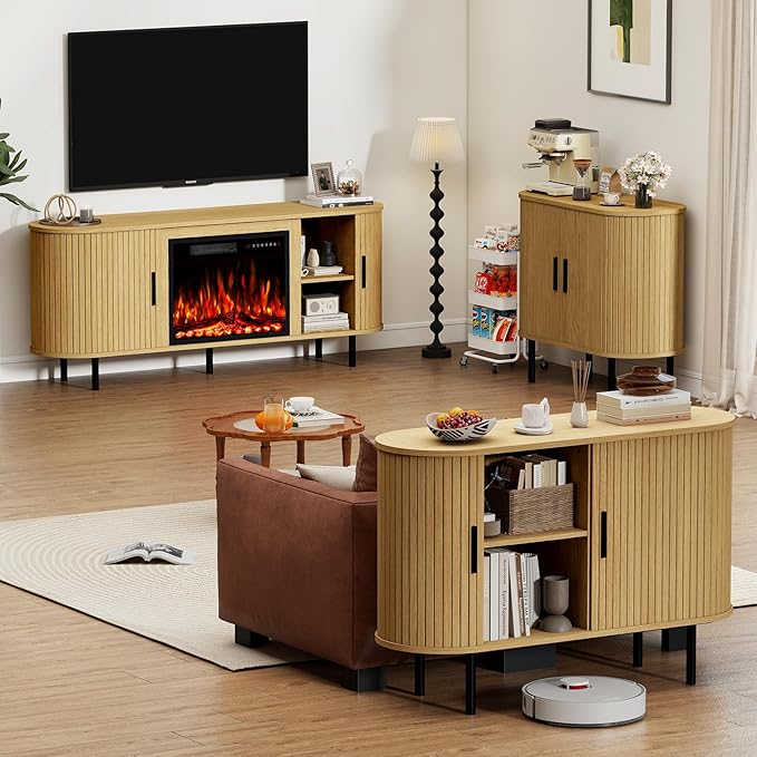 BREEZEHEAT 47 Mid Century Modern TV Stand-Fluted Sideboard Buffet Cabinet –Tambour Credenza Console Table w/Sliding Doors &amp Adjustable Shelves–Small TV Stand for Living Room/Bedroom