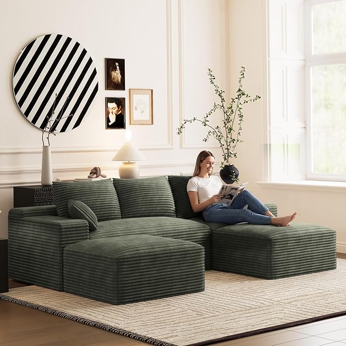 Modular Sectional Sofa Cloud Couch 108'' Comfy U Shaped Sectional Couches for Living Room Deep Seat Cozy Fluffy Corduroy Boneless Couch Sectionals Sofa with Movable Ottomanm Olive Green