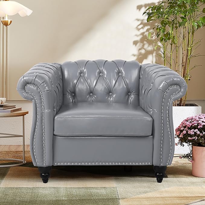 2 Piece Living Room Sofa Set 3 Seater Faux Leather Sofa Couch and Chair Set Mid Century Modern Upholstered Couch with Cushions Vintage Comfy Tufted Chesterfield Couches for Bedroom Office (Grey)