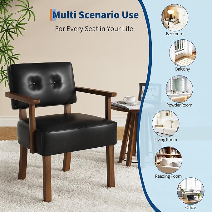 Garvee Mid-Century Accent Chair with Wood Frame. PU Leather Upholstered Lounge Arm Chair with Classic Button Tufting Reading Leisure Chair for Living Room Bedroom Balcony Black