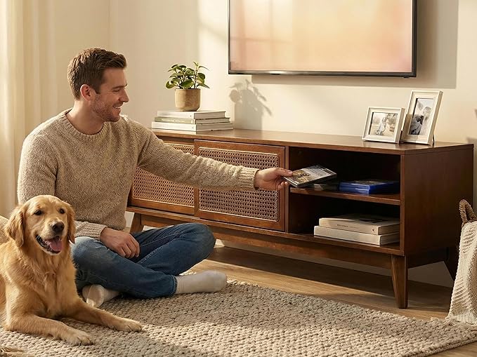 LKTART Boho Mid Century TV Stand59 Rattan Entertainment CenterMedia Console with Solid Wood LegsAdjustable Feet &amp Divided StorageTV Cabinet for 65 Inch TVDark Walnut
