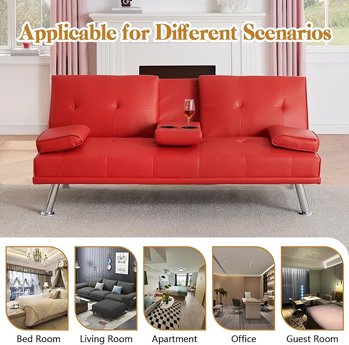 Modern Futon Sofa Bed 67 Inch Leather Convertible Futon Couch Loveseat Sleeper for Small SpacesComfy Folding Recliner Couches for Living Room Adjustable Backrest2 Cup HoldersMetal Legs (RED)