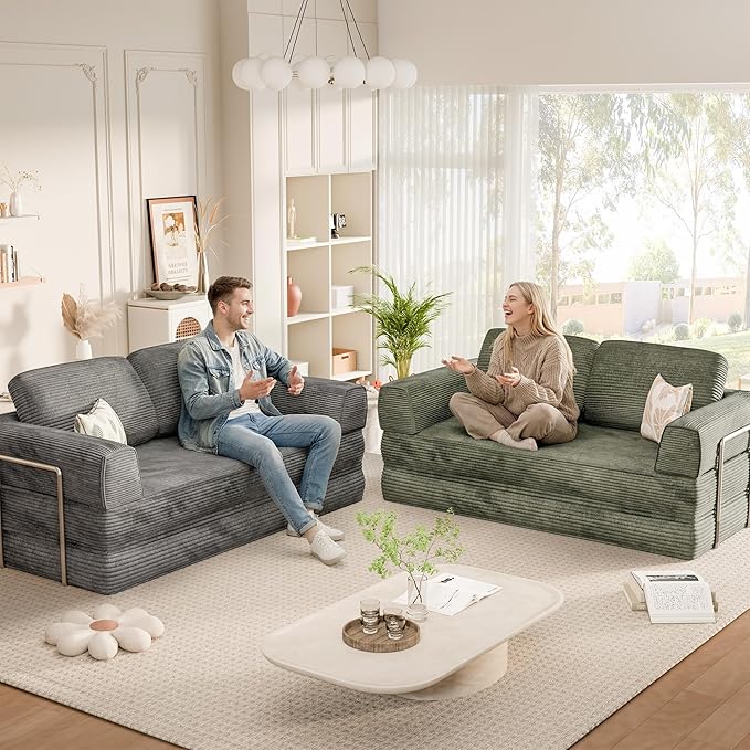 Homall 4-in-1 Convertible Sofa Bed Oversized Boneless Couch with 4 Frame Kits and Removable Armrests Corduroy Sleeper Sofa with 2 Pillows for Small Space No Assembly Required (Green)
