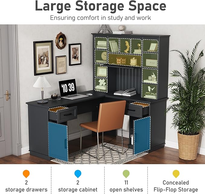L-Shaped Gaming Desk with Hutch Corner Desk with Drawers and Cabinet Home Office Computer Desk with Open Storage Shelves Multi-functional Writing Desk for Study Room Bedroom Living Room Black