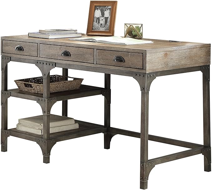 Weathered Oak Finish Writing Desk with Spacious Drawers - Home Office Furniture - Industrial Chic Design