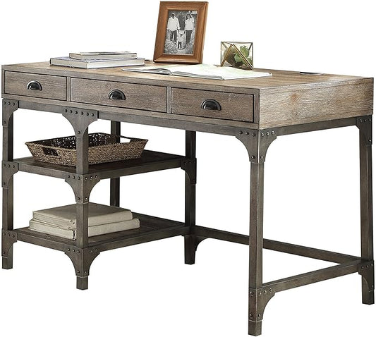Weathered Oak Finish Writing Desk with Spacious Drawers - Home Office Furniture - Industrial Chic Design