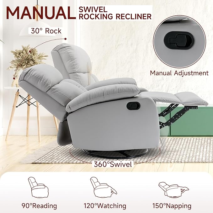 Swivel Rocker Recliner Small Recliners for Small Spaces with Overstuffed Arms and Back Manual Swivel Chairs for Living Room Nursery Bedroom Light Gray