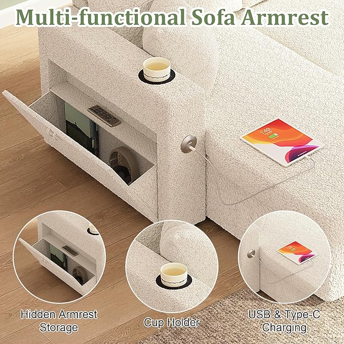 82 Inch L-Shape Sectional Couch 4-in-1 Multifunctional Pull-Out Couch Sleeper Sofa with Storage Chaise Charging Station Cup Holder for Living Room/Office/Apartment (White)