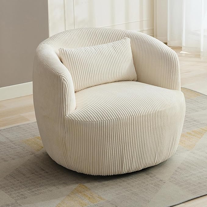 34.25 Swivel Barrel Chair Round Accent Barrel Chair Modern Wide Armchair Upholstered Corduroy Lounge Comfortable Sitting Single Seat Rotating Base for Living Room Office Chair Ivory