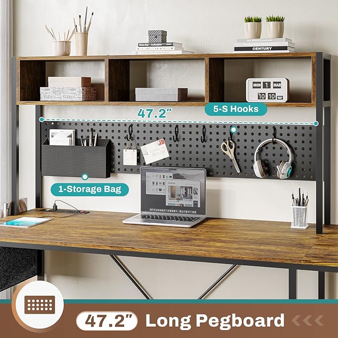 SEDETA L Shaped Computer Desk Reversible Corner Desk with Power Outlet and Pegboard Computer Desk with Led Lights Keyboard Tray Headphone Hook and Storage Shelves Rustic Brown
