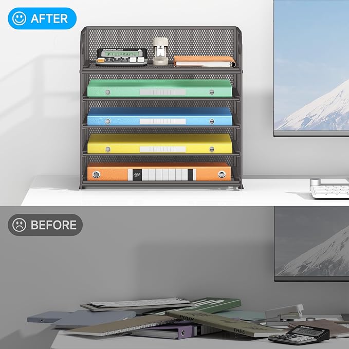 Lavatino 5 Tray Desk File Organizer Mesh Paper Sorter Letter Tray Organizer with Handle Desktop File Organizer and Storage for Letter/A4 Office File Folder- Grey