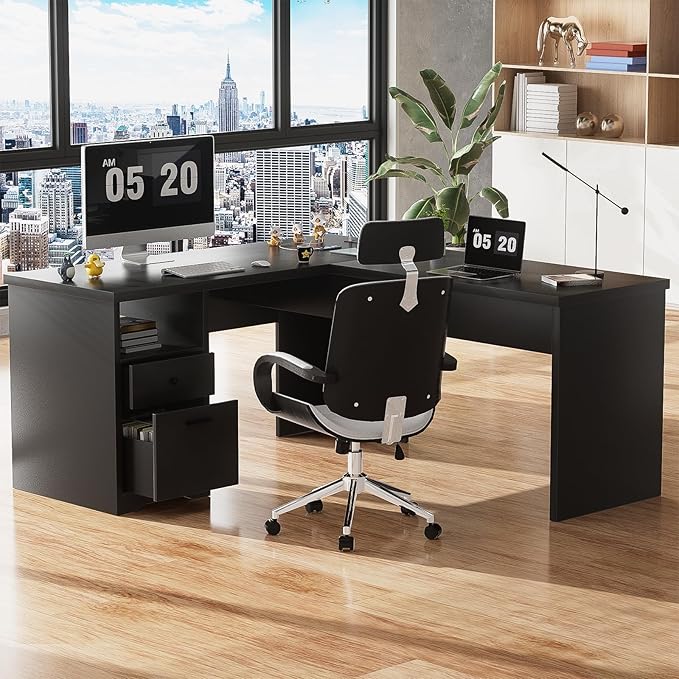 Unikito L Shaped Desk with Lift Top and Drawers Large Office Desk with Power Outlets and USB Charging Ports Sturdy Corner Computer Desk Writing Table with Storage L Shape Standing Desk Black
